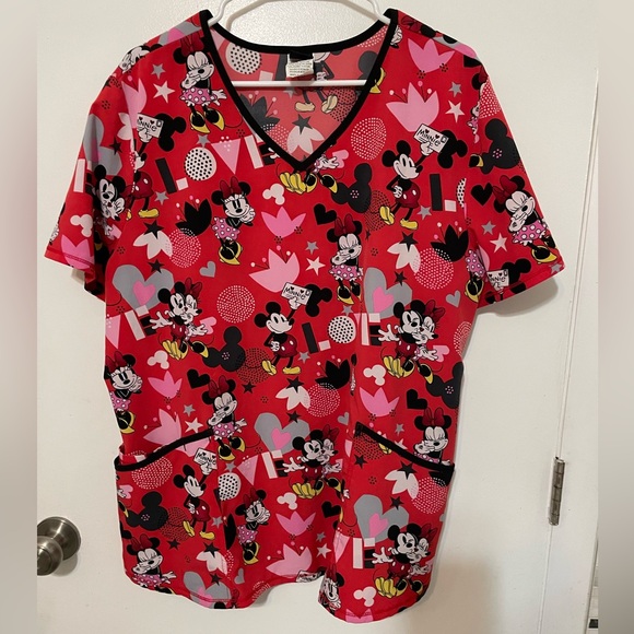 Disney Tops - Disney MICKEY MINNIE Print Short sleeve Red pink Healthcare Nursing scrub top XL